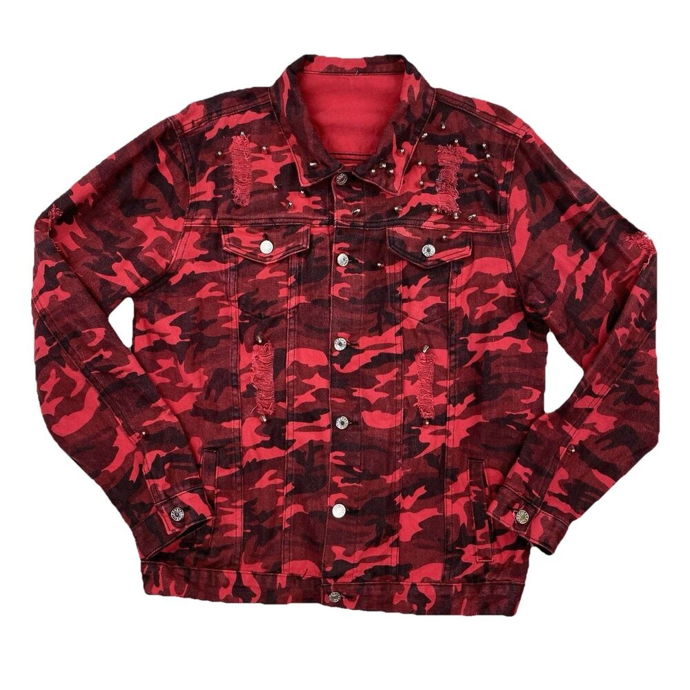 Red Camo Jean Jacket Womens XL Statement Denim Studded Distressed Y2K Streetwear